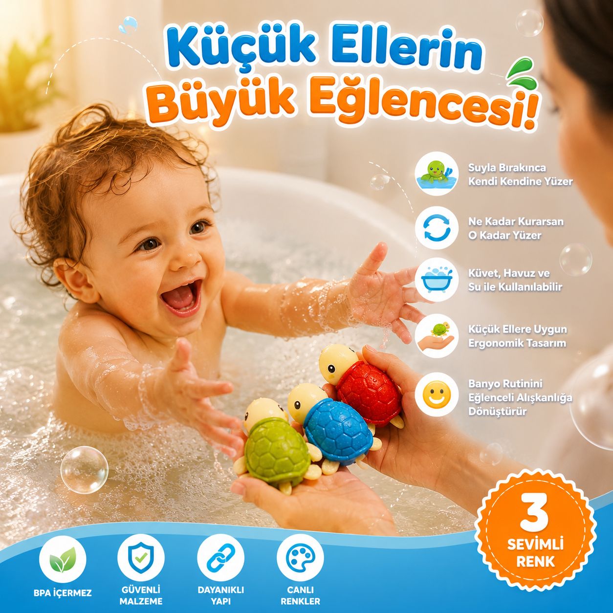 Boombie™ 🌊 Suda Yüzen Kurmalı Kaplumbağa Çocuk Banyo Oyuncağı